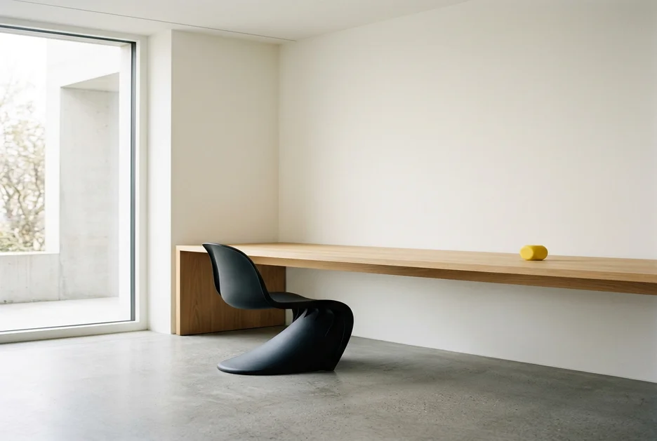 Minimal modern design studio interior with white walls, a long oak desk, one black chair, and a single small yellow object in soft daylight.