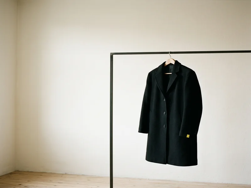 Tailored black wool coat on a minimal rail against a warm beige wall with a tiny yellow garment tag for Atelier Noir e-commerce.