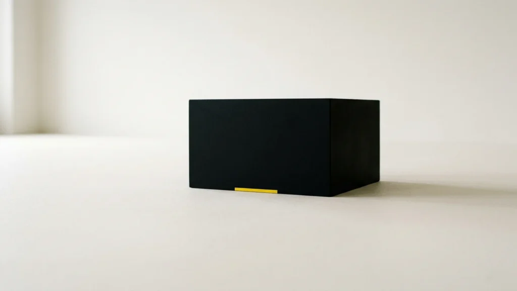 Conceptual minimal still life with a solid black monolithic block on a bone-white surface and a single yellow line at its base representing a lasting brand.