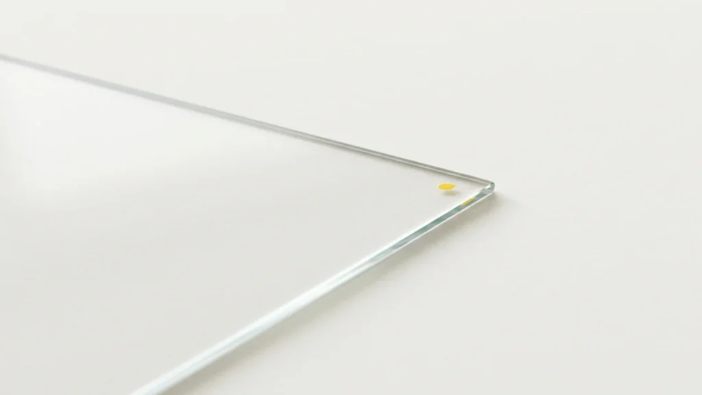 Minimalist glass screen on a bone background with one yellow corner accent symbolizing website redesign and modern interface technology.