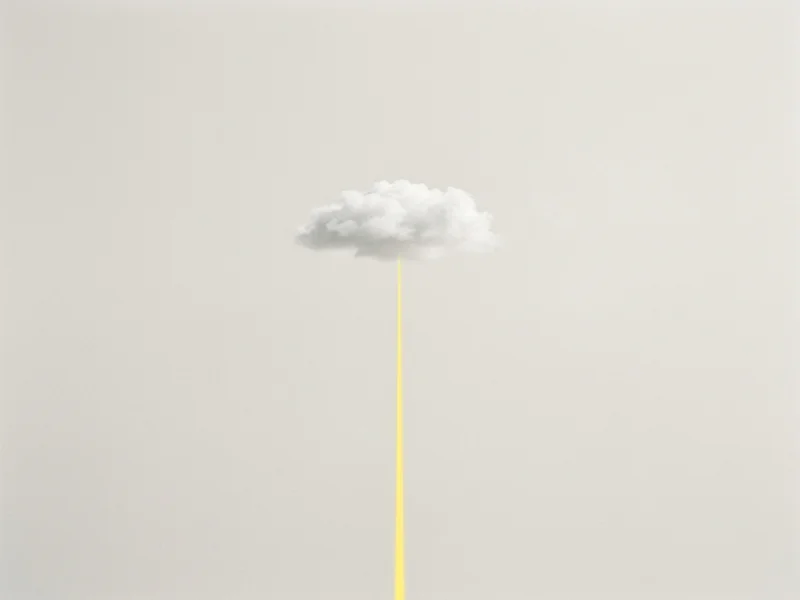 Surreal small white cloud floating against a seamless grey backdrop with a thin yellow vertical light-beam for Cloudshift B2B lead generation.