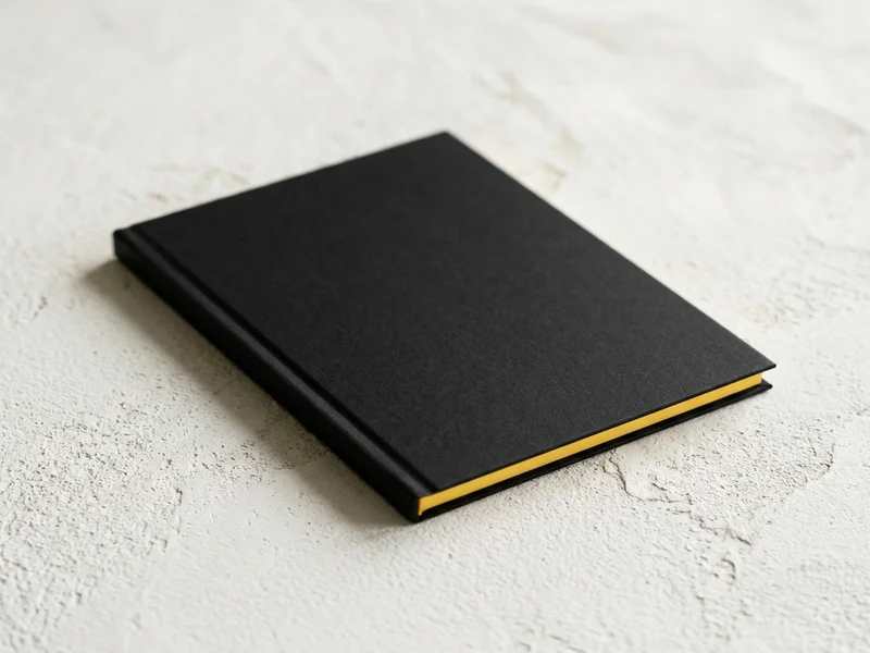 Matte black hardcover brand booklet with gold-yellow page edges resting on an off-white plaster surface for Nova Banking brand refresh.